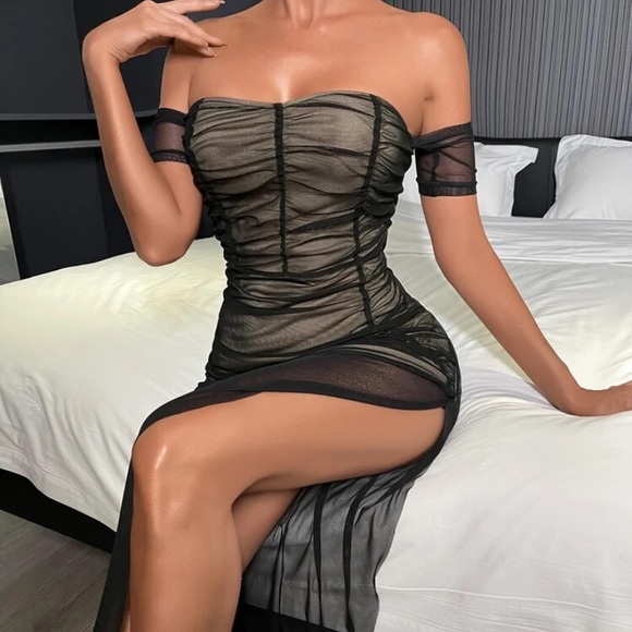 Black & Nude Off Shoulder Split Thigh Mesh Dress - Picture 2 of 13